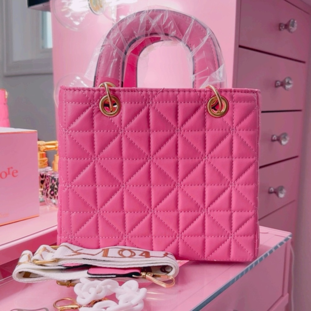Pink & Gold Quilted Crossbody Purse White & Gold Strap